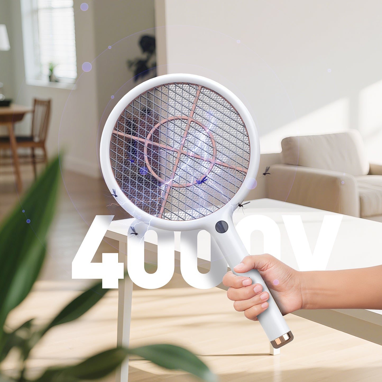 CONOPU Electric Fly Swatter, 4000V, USB Charging Base & 1200mAh Rechargeable, Auto Latch Mode, LED Light, Triple Protective Net, for Indoor/Outdoor, White