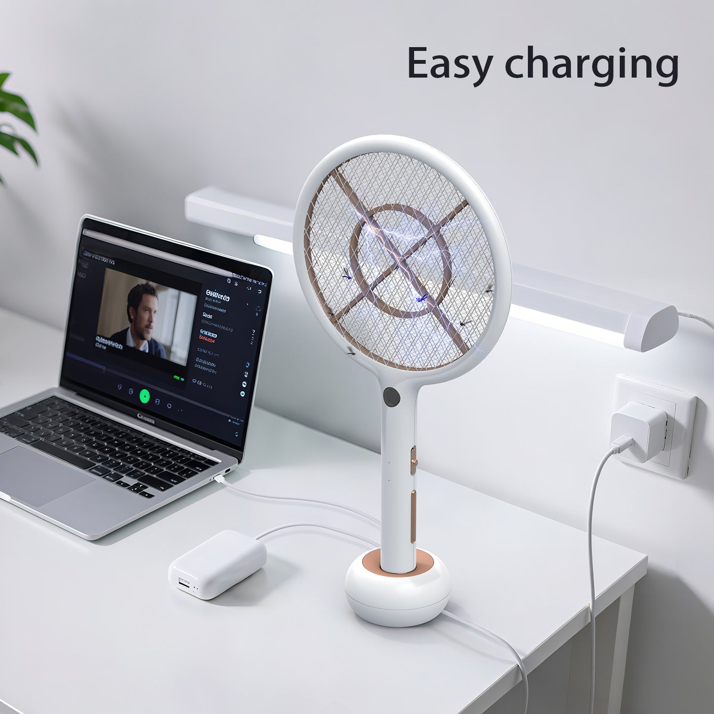 CONOPU Electric Fly Swatter, 4000V, USB Charging Base & 1200mAh Rechargeable, Auto Latch Mode, LED Light, Triple Protective Net, for Indoor/Outdoor, White