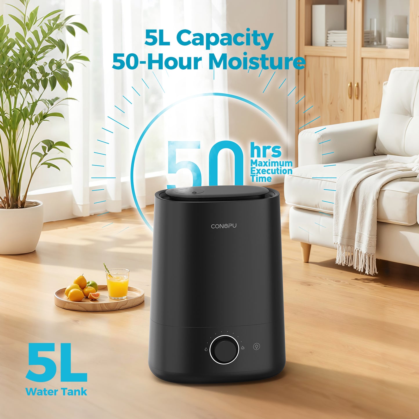 CONOPU 5L Top-Fill Humidifier with Essential Oil Diffuser, Ultrasonic Cold Mist, 360° Rotating Nozzle, Night Light, 50H Running Time