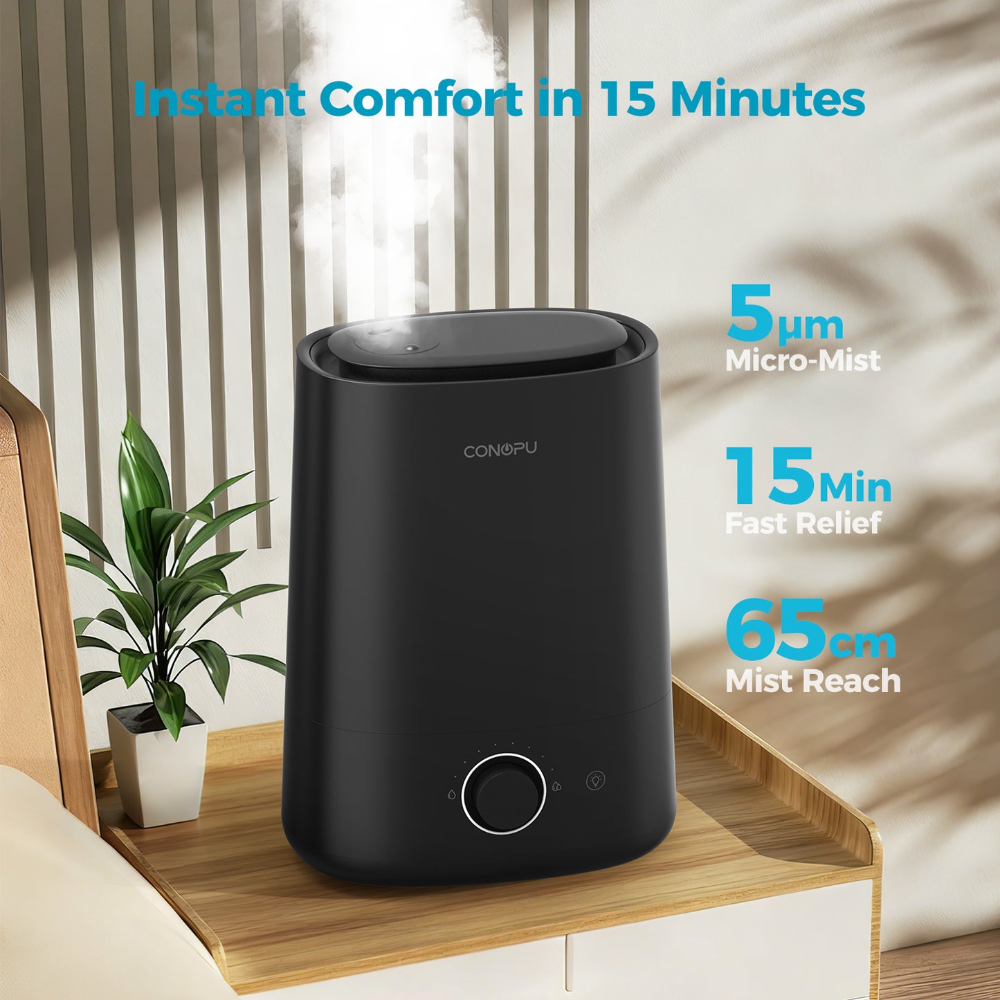 CONOPU 5L Top-Fill Humidifier with Essential Oil Diffuser, Ultrasonic Cold Mist, 360° Rotating Nozzle, Night Light, 50H Running Time