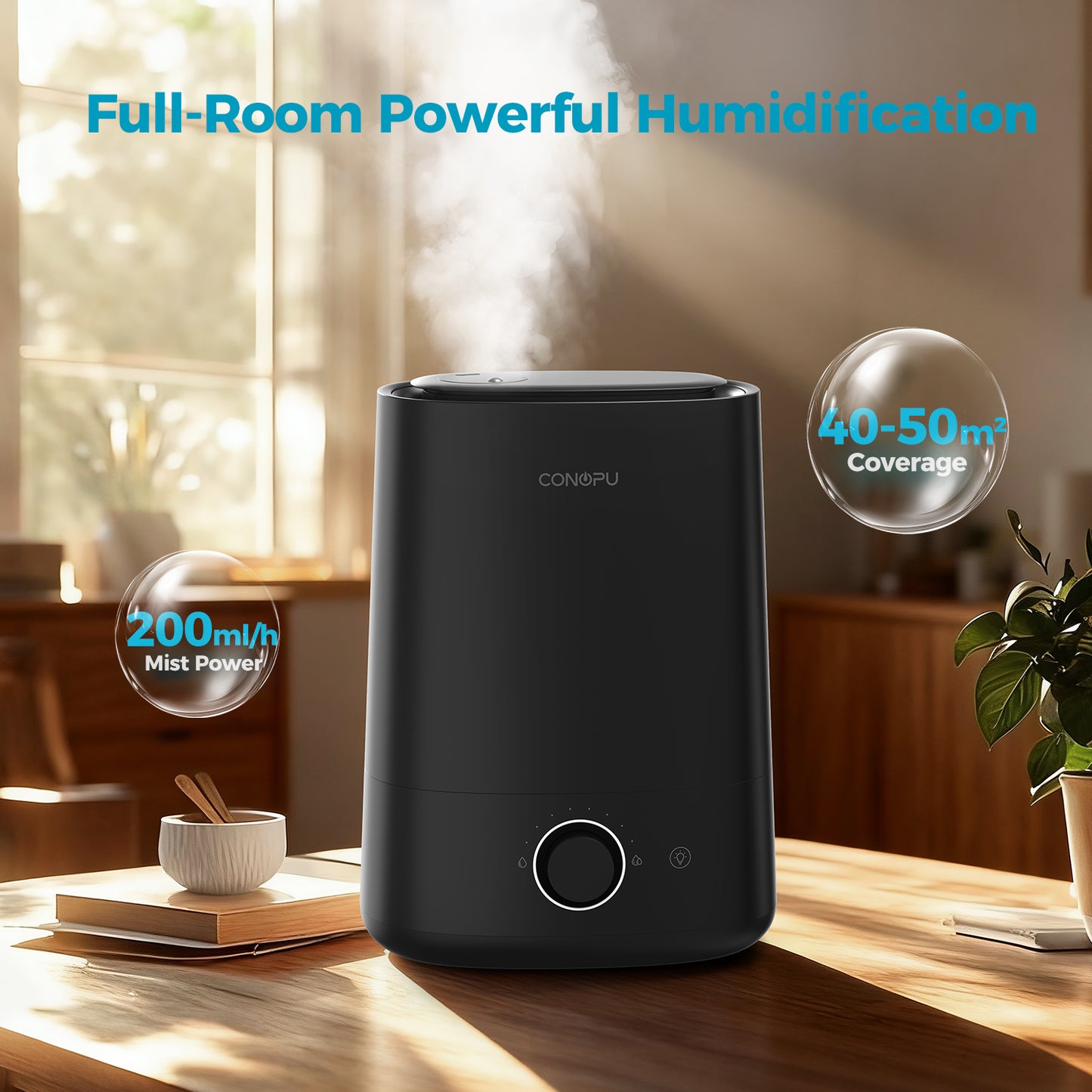 CONOPU 5L Top-Fill Humidifier with Essential Oil Diffuser, Ultrasonic Cold Mist, 360° Rotating Nozzle, Night Light, 50H Running Time