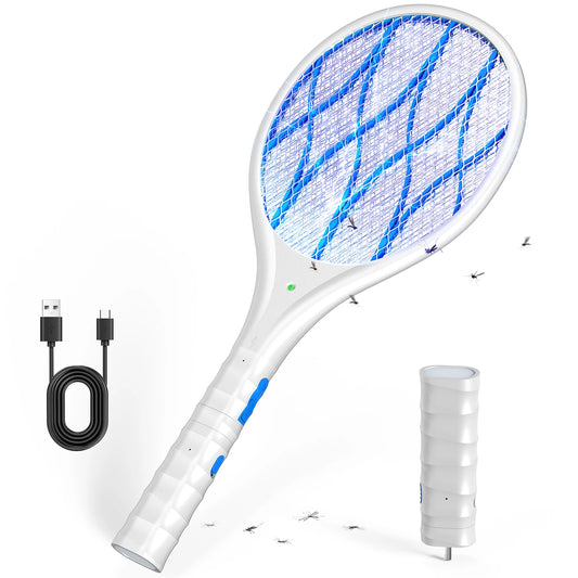 CONOPU Electric Fly Swatter, 4000V & USB Charging, LED Light, Removable Torch, 3-Layer Protective Grid, Double Switch, Home, Garden, White