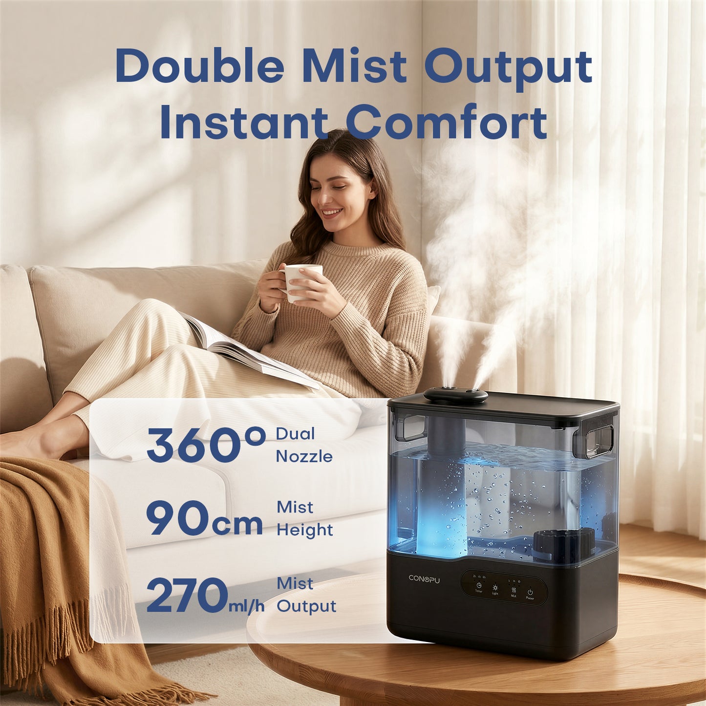 CONOPU 5L Top-Fill Ultrasonic Humidifier, Dual 360° Nozzles, Aromatherapy Tray & 7-Color Night Light, Ultra-Quiet Sleep Mode, Timer & Auto Shut-Off