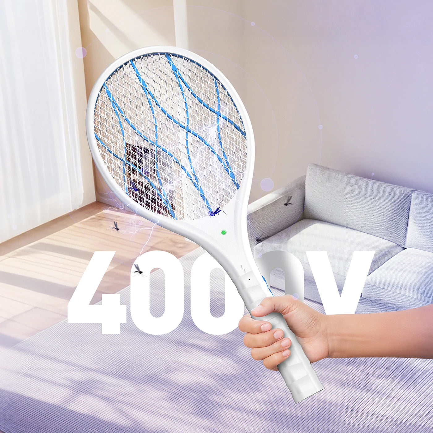 CONOPU Electric Fly Swatter, 4000V & USB Charging, LED Light, Removable Torch, 3-Layer Protective Grid, Double Switch, Home, Garden, White