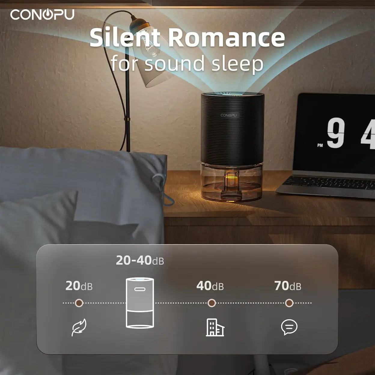 CONOPU Dehumidifier CS03, 750ml Capacity for Home,Portable for Bedroom, Closet, Office, Car (5-10㎡)Ultra Quiet 30dB, 300ml/Day Moisture Removal, Auto Shut-Off & Defrost, 7-Color Night Light