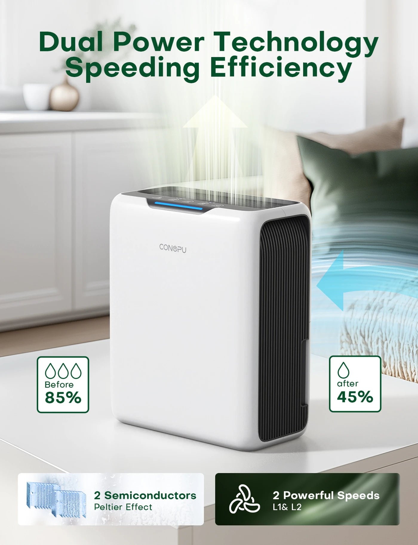 CONOPU Dehumidifier CS13 - 3L Large Capacity,Portable for Small rooms (up to 20㎡), Dual Semiconductor, 800ml/Day Moisture Removal, Automatic Defrost, 24H Timer, Auto Shut-Off