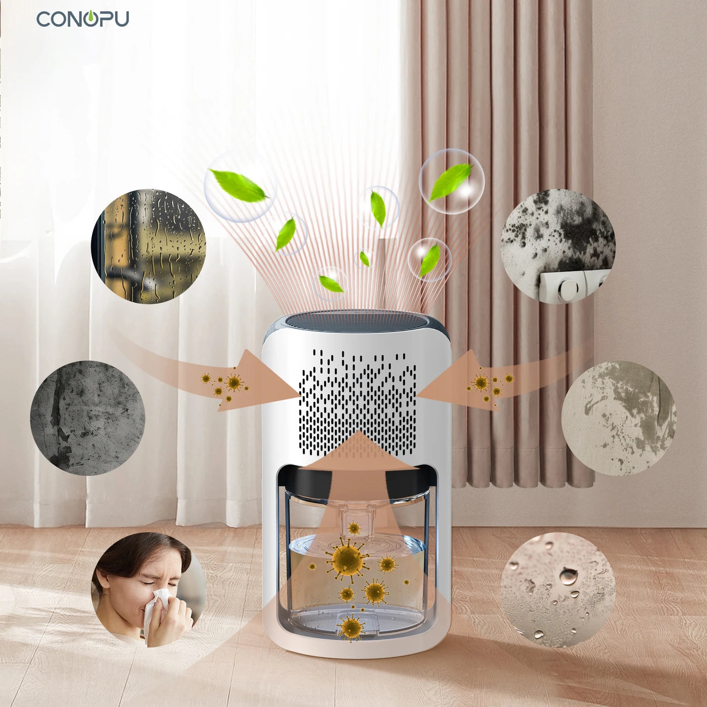 CONOPU Semiconductor Dehumidifier CS06, 1200ml, Ultra-Quiet, Auto-Defrost, 7-Color LED, Compact for 10-15m² rooms