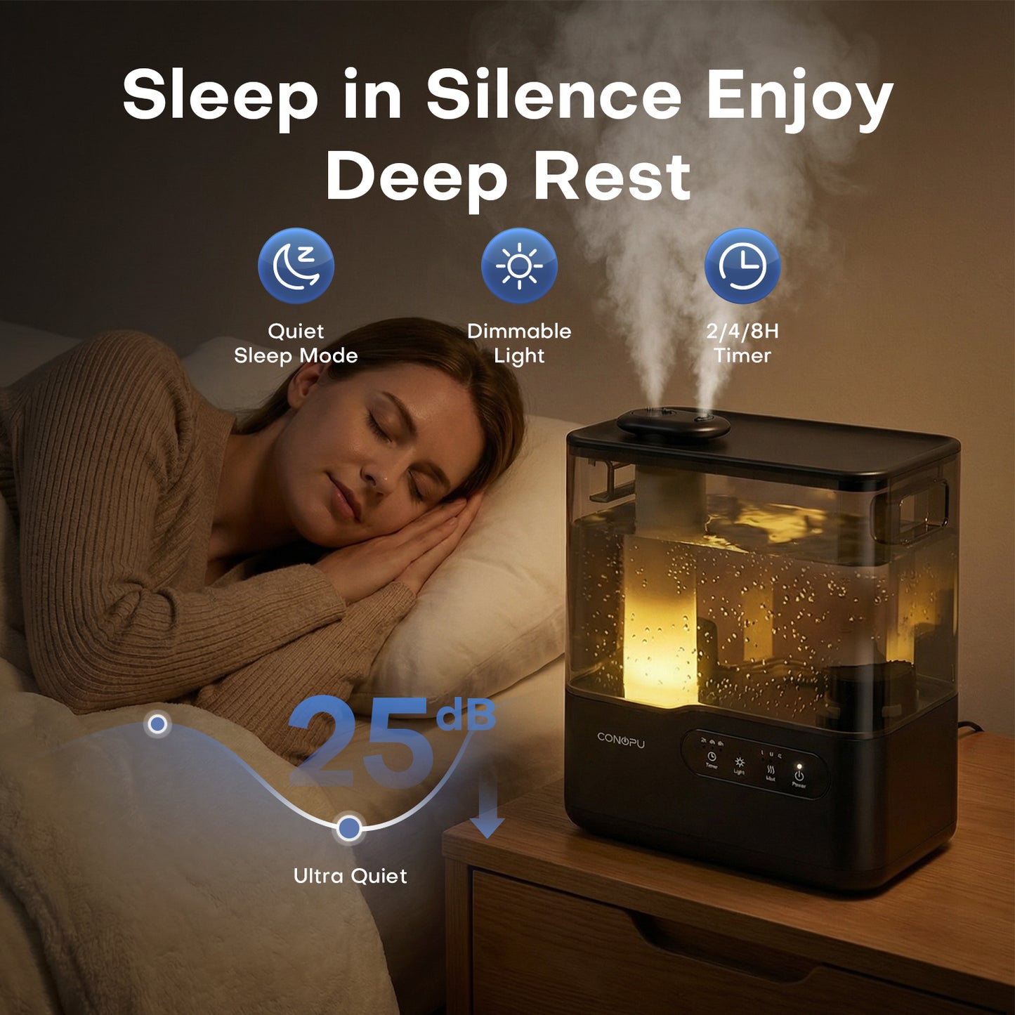 CONOPU 5L Top-Fill Ultrasonic Humidifier, Dual 360° Nozzles, Aromatherapy Tray & 7-Color Night Light, Ultra-Quiet Sleep Mode, Timer & Auto Shut-Off