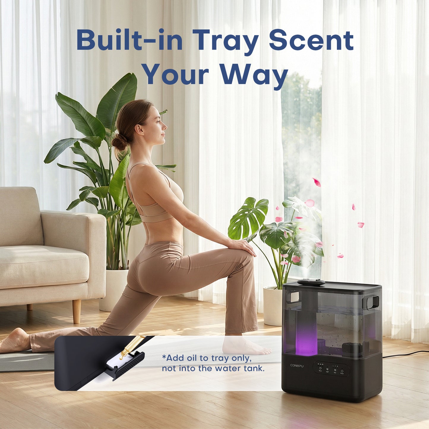 CONOPU 5L Top-Fill Ultrasonic Humidifier, Dual 360° Nozzles, Aromatherapy Tray & 7-Color Night Light, Ultra-Quiet Sleep Mode, Timer & Auto Shut-Off