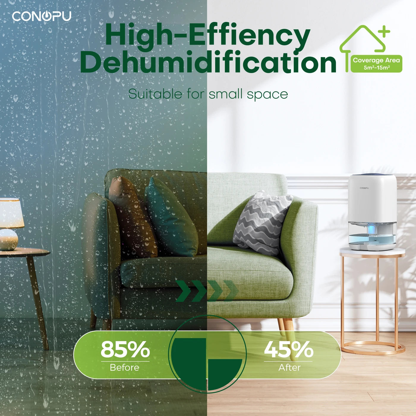 CONOPU Dehumidifier CS01H, 1000ml Water Tank, Ideal for Small Spaces, 450ml/Day Moisture Removal, Ultra-Quiet, 7-Color LED Ambient Light, Removable & Washable Tank, Portable