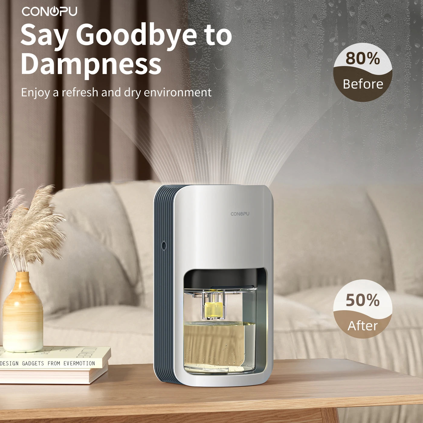 CONOPU Semiconductor Dehumidifier CS06, 1200ml, Ultra-Quiet, Auto-Defrost, 7-Color LED, Compact for 10-15m² rooms