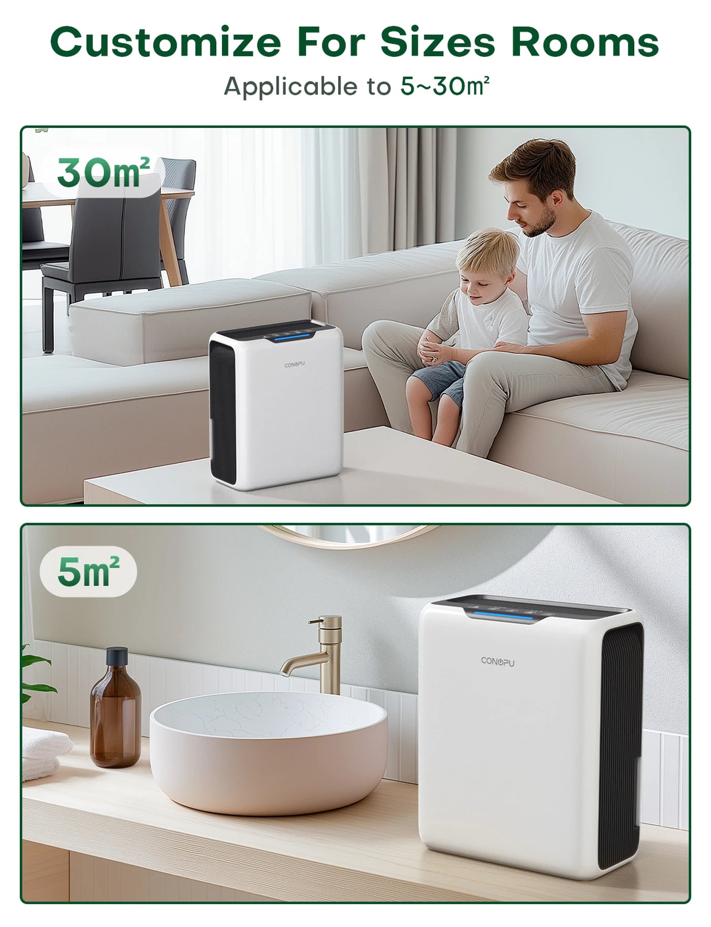 CONOPU Dehumidifier CS13 - 3L Large Capacity,Portable for Small rooms (up to 20㎡), Dual Semiconductor, 800ml/Day Moisture Removal, Automatic Defrost, 24H Timer, Auto Shut-Off