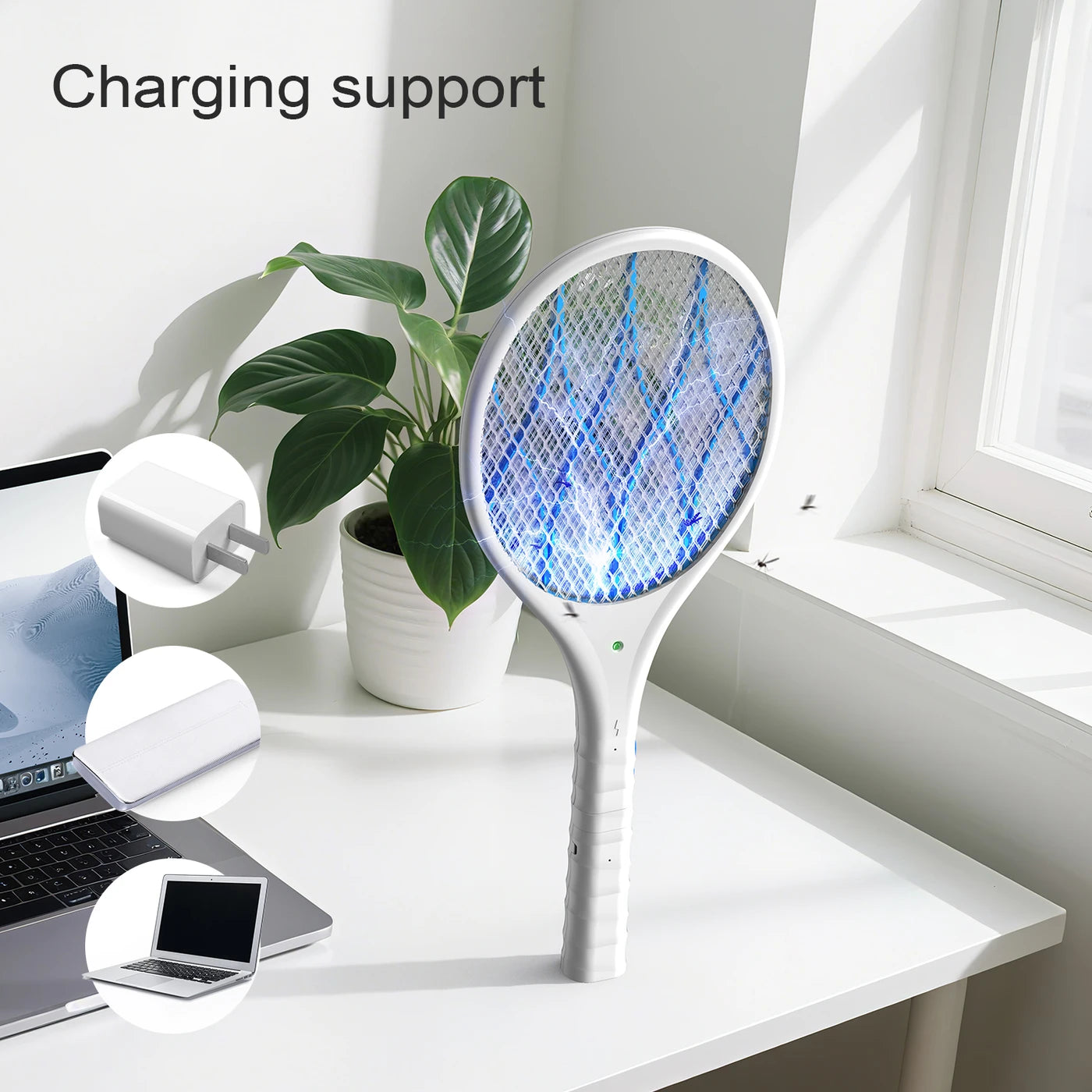 CONOPU Electric Fly Swatter, 4000V & USB Charging, LED Light, Removable Torch, 3-Layer Protective Grid, Double Switch, Home, Garden, White
