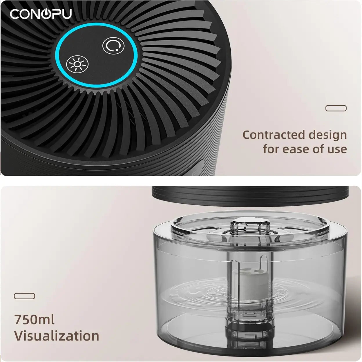 CONOPU Dehumidifier CS03, 750ml Capacity for Home,Portable for Bedroom, Closet, Office, Car (5-10㎡)Ultra Quiet 30dB, 300ml/Day Moisture Removal, Auto Shut-Off & Defrost, 7-Color Night Light