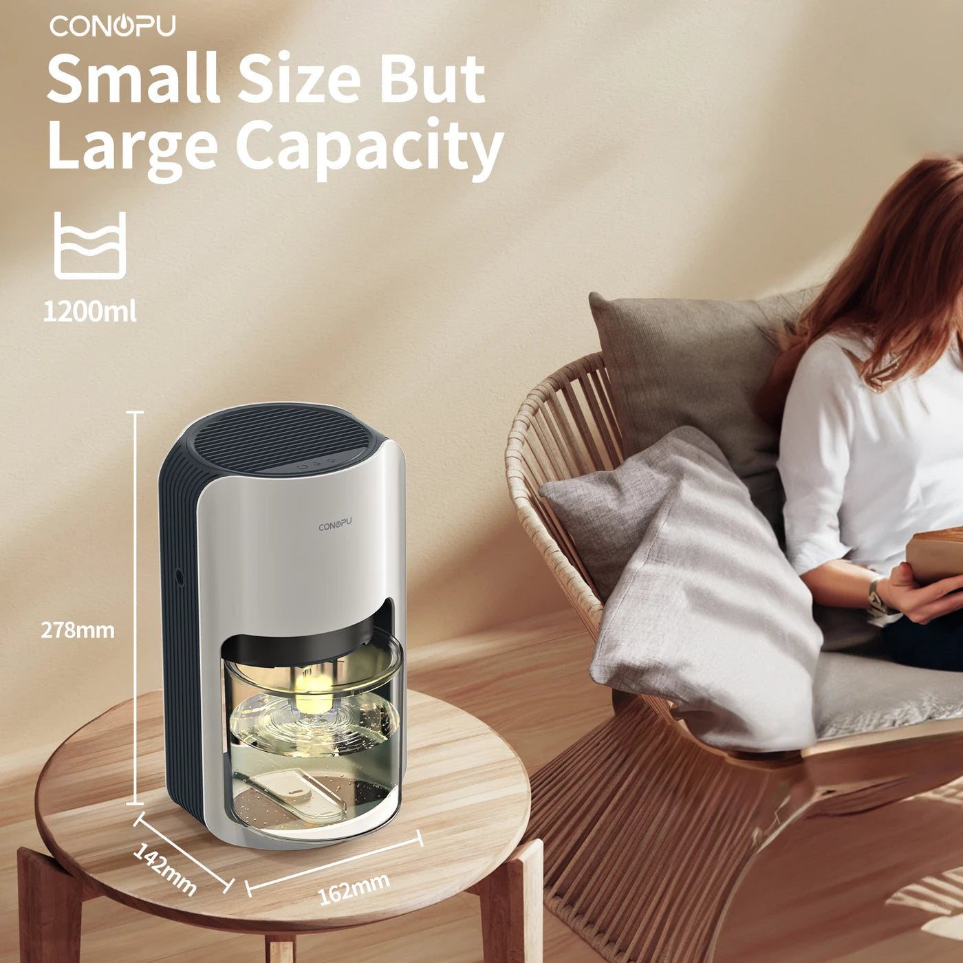 CONOPU Semiconductor Dehumidifier CS06, 1200ml, Ultra-Quiet, Auto-Defrost, 7-Color LED, Compact for 10-15m² rooms