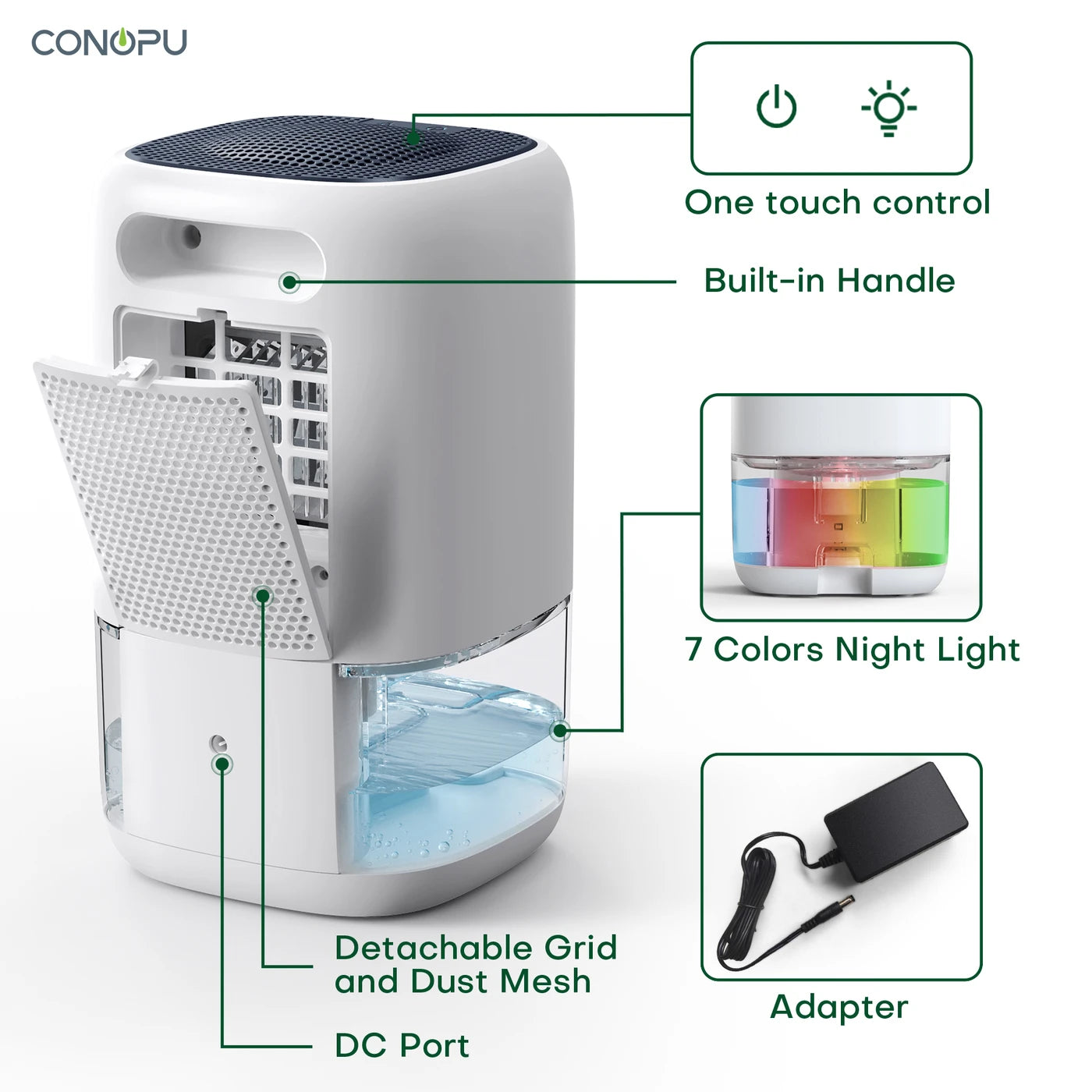 CONOPU Dehumidifier CS01H, 1000ml Water Tank, Ideal for Small Spaces, 450ml/Day Moisture Removal, Ultra-Quiet, 7-Color LED Ambient Light, Removable & Washable Tank, Portable
