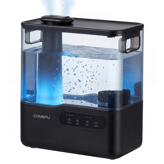 CONOPU 5L Top-Fill Ultrasonic Humidifier, Dual 360° Nozzles, Aromatherapy Tray & 7-Color Night Light, Ultra-Quiet Sleep Mode, Timer & Auto Shut-Off